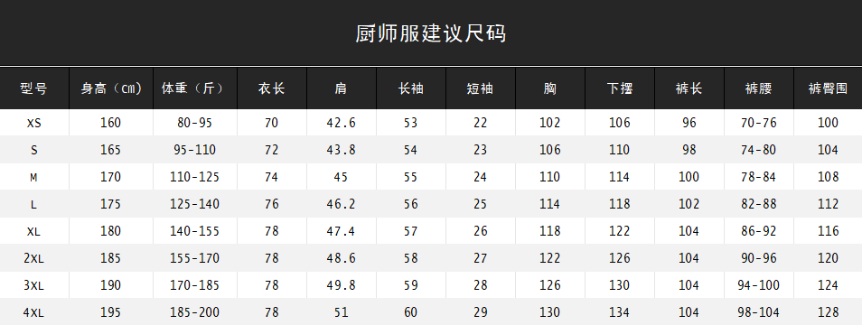 尺码对照表